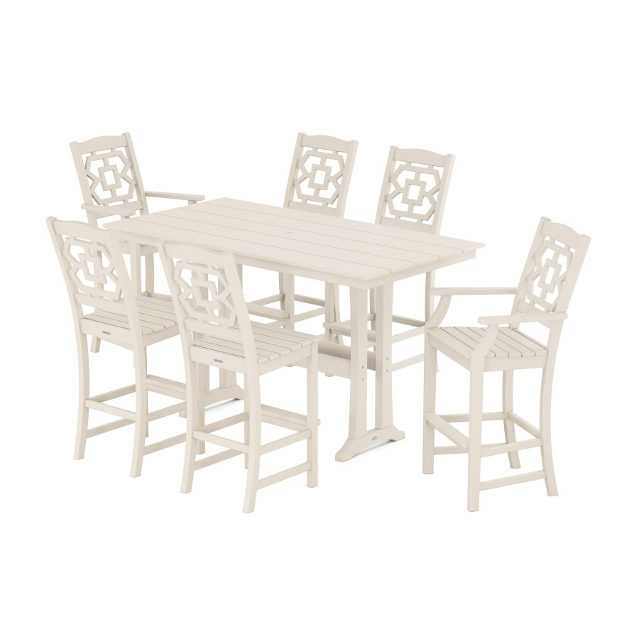 POLYWOOD Chinoiserie 7-Piece Farmhouse Bar Set with Trestle Legs in Sand