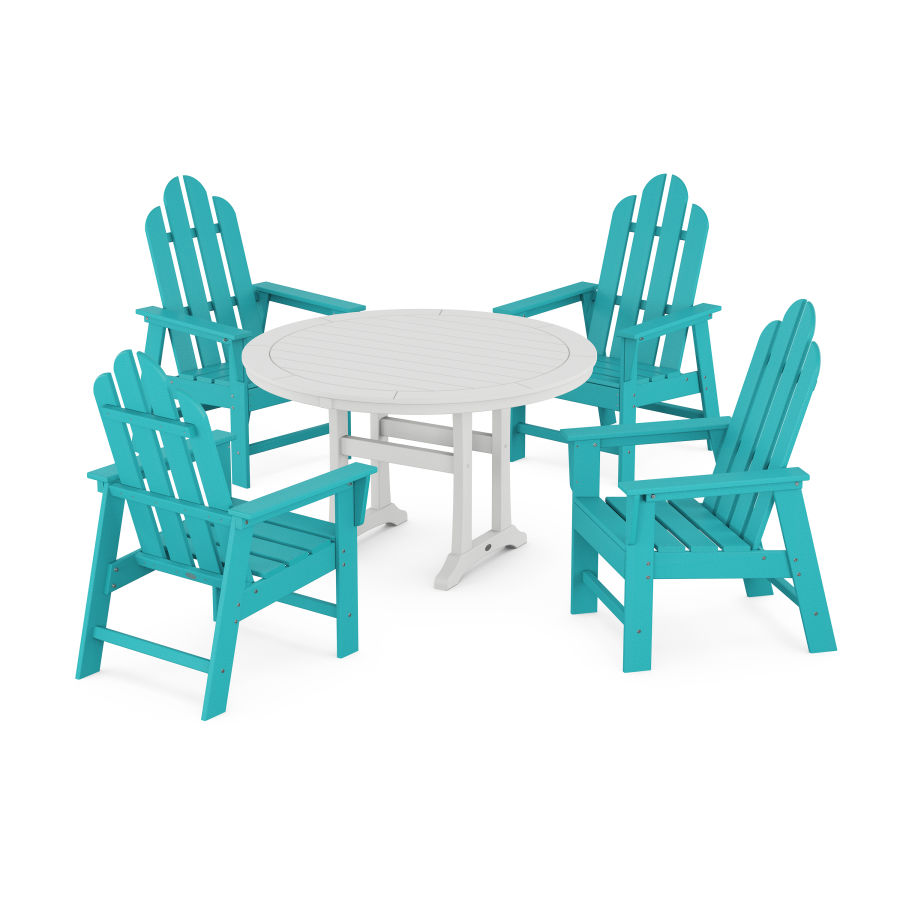 POLYWOOD Long Island 5-Piece Round Dining Set with Trestle Legs in Aruba / White