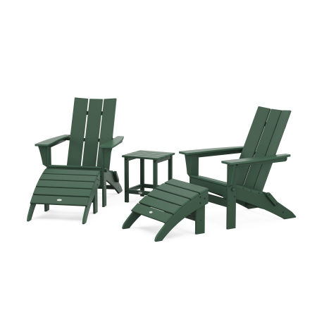 Modern Folding Adirondack Chair 5-Piece Set with Ottomans and 18" Side Table in Green