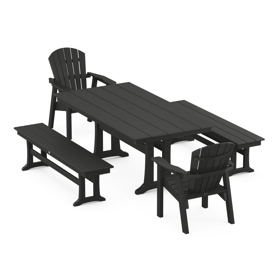 POLYWOOD Seashell 5-Piece Farmhouse Dining Set With Trestle Legs in Black