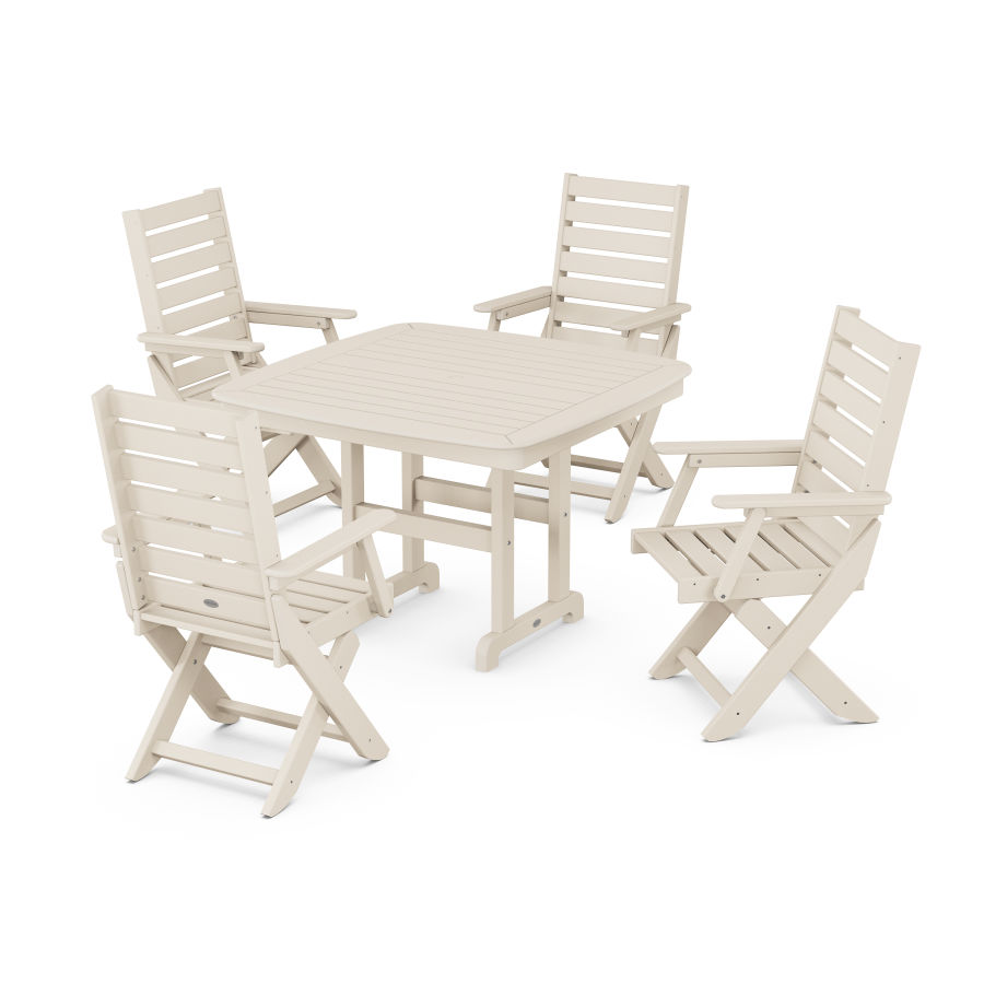 POLYWOOD Captain Folding Chair 5-Piece Dining Set with Trestle Legs in Sand