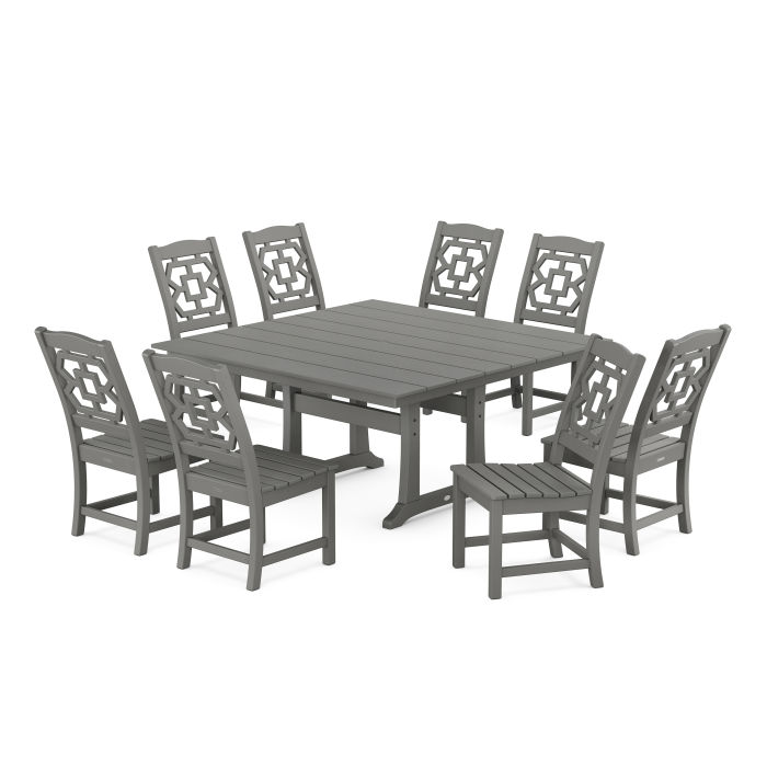 POLYWOOD Chinoiserie 9-Piece Square Farmhouse Side Chair Dining Set with Trestle Legs