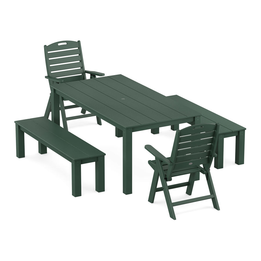 POLYWOOD Nautical Folding Highback Chair 5-Piece Parsons Dining Set with Benches in Green