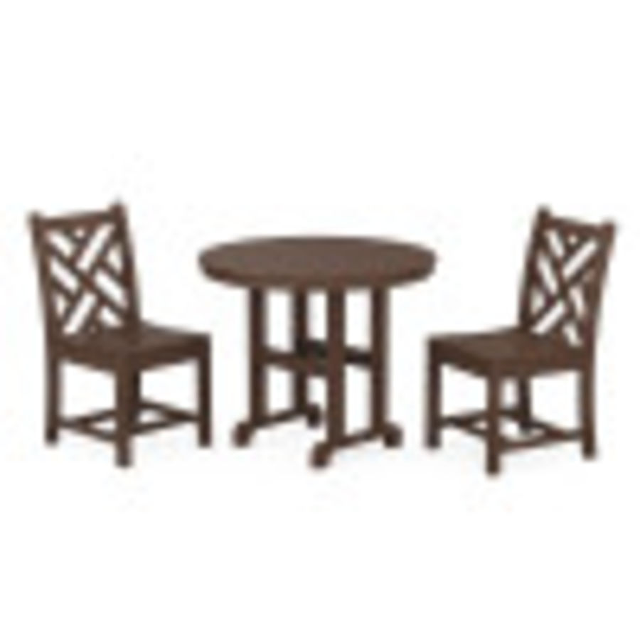 POLYWOOD Chippendale Side Chair 3-Piece Round Dining Set in Mahogany