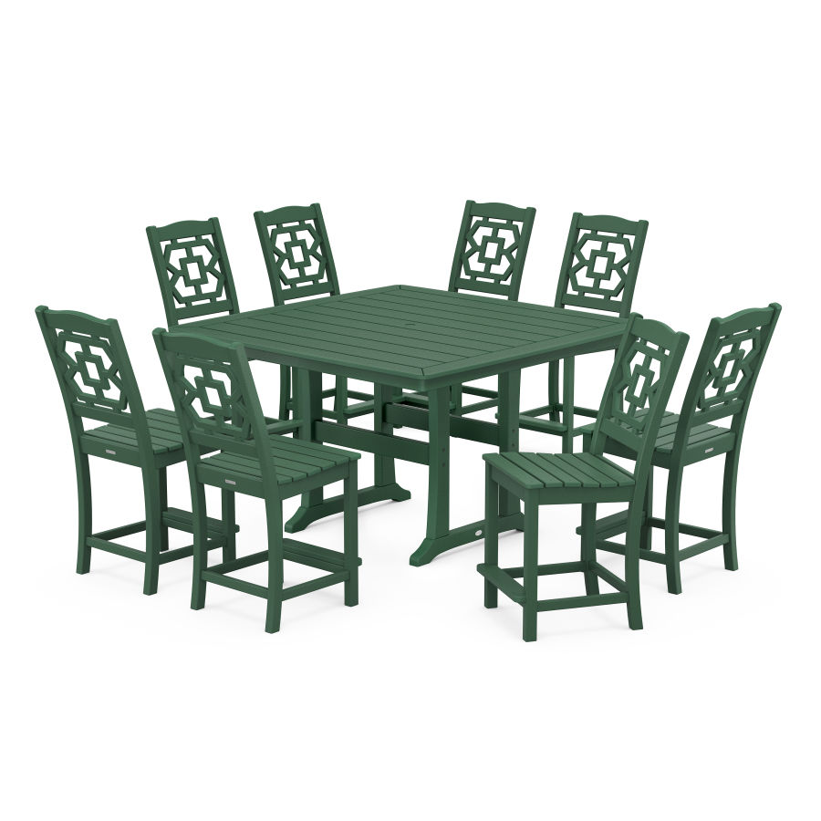 POLYWOOD Chinoiserie 9-Piece Square Side Chair Counter Set with Trestle Legs in Green