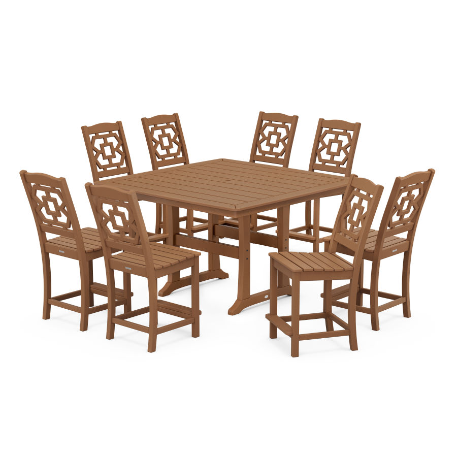 POLYWOOD Chinoiserie 9-Piece Square Side Chair Counter Set with Trestle Legs in Teak