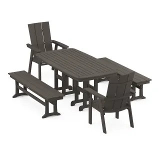 POLYWOOD Modern Curveback Adirondack 5-Piece Dining Set with Benches in Vintage Finish