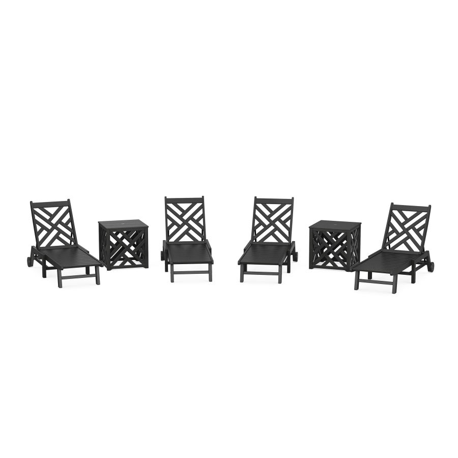 POLYWOOD Chippendale 6-Piece Chaise Set with Wheels and Umbrella Stand Accent Table in Black