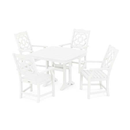 Chinoiserie 5-Piece Dining Set with Trestle Legs in White