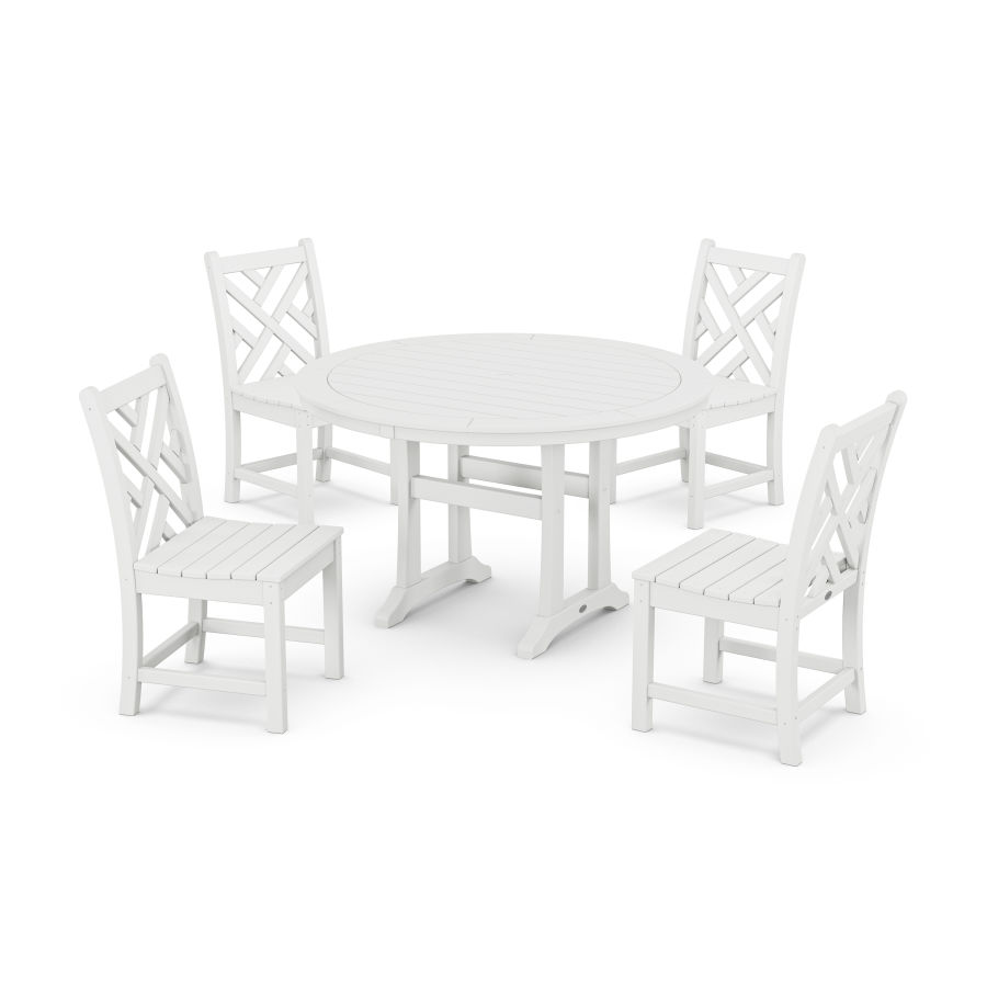 POLYWOOD Chippendale Side Chair 5-Piece Round Dining Set With Trestle Legs in White