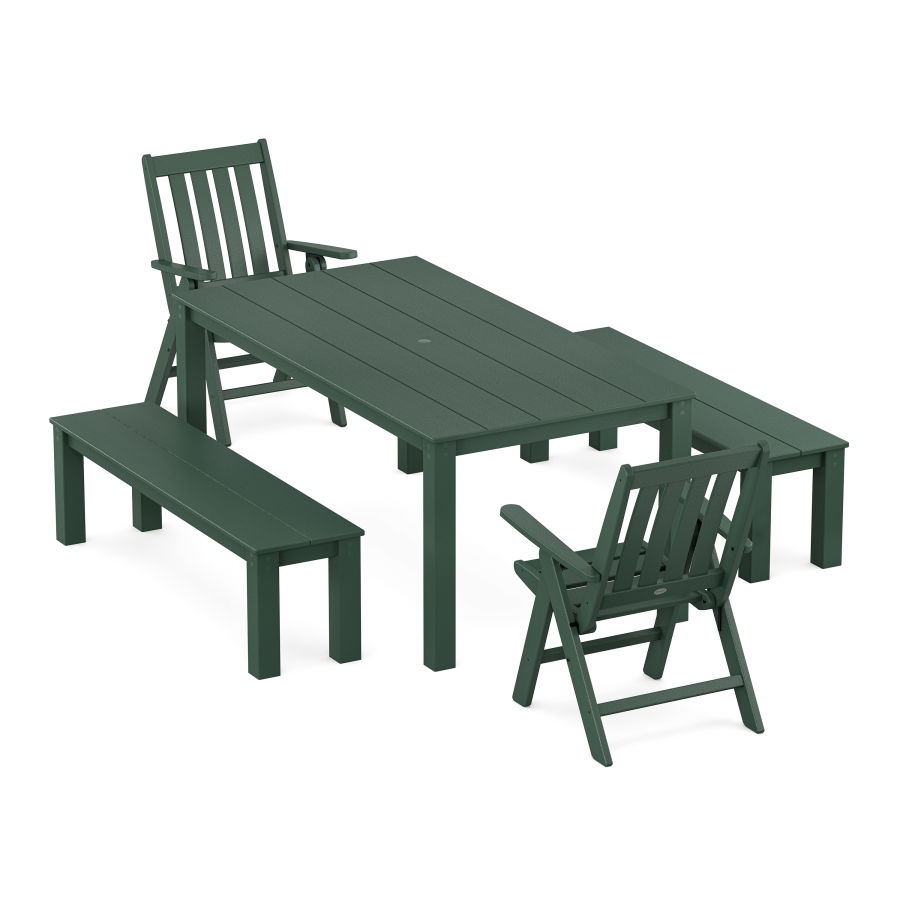 POLYWOOD Vineyard Folding Chair 5-Piece Parsons Dining Set with Benches in Green