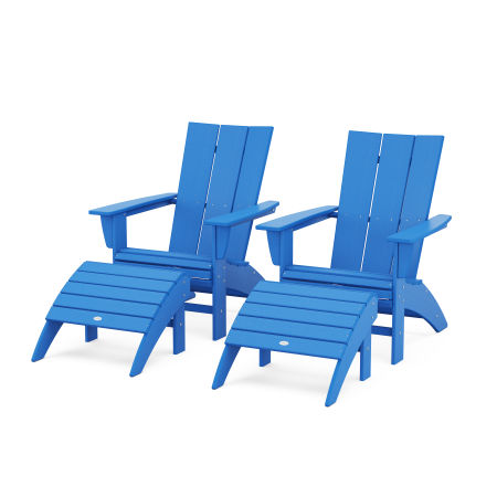 Modern Curveback Adirondack Chair 4-Piece Set with Ottomans in Pacific Blue