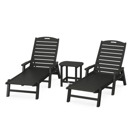 Nautical 3-Piece Chaise Lounge with Arms Set with South Beach 18" Side Table in Black