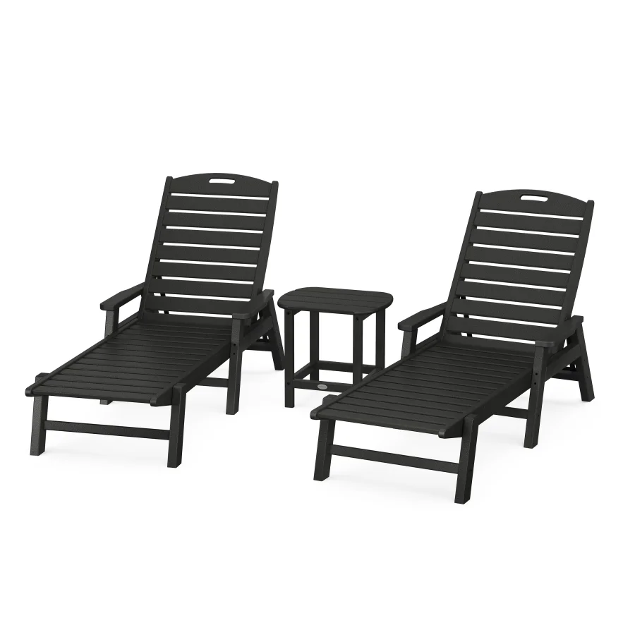 POLYWOOD Nautical 3-Piece Chaise Lounge with Arms Set with South Beach 18" Side Table in Black