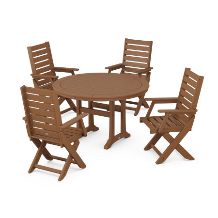 POLYWOOD Captain Folding Chair 5-Piece Round Dining Set with Trestle Legs in Teak