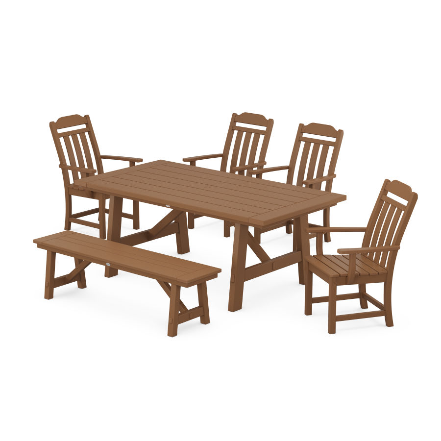 POLYWOOD Country Living 6-Piece Rustic Farmhouse Dining Set with Bench in Teak