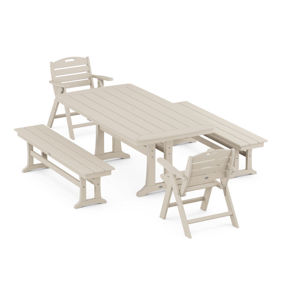 POLYWOOD Nautical Folding Lowback Chair 5-Piece Dining Set with Trestle Legs and Benches in Sand