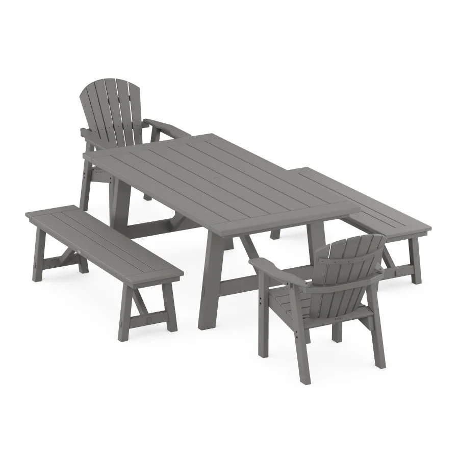 POLYWOOD Seashell 5-Piece Rustic Farmhouse Dining Set With Benches