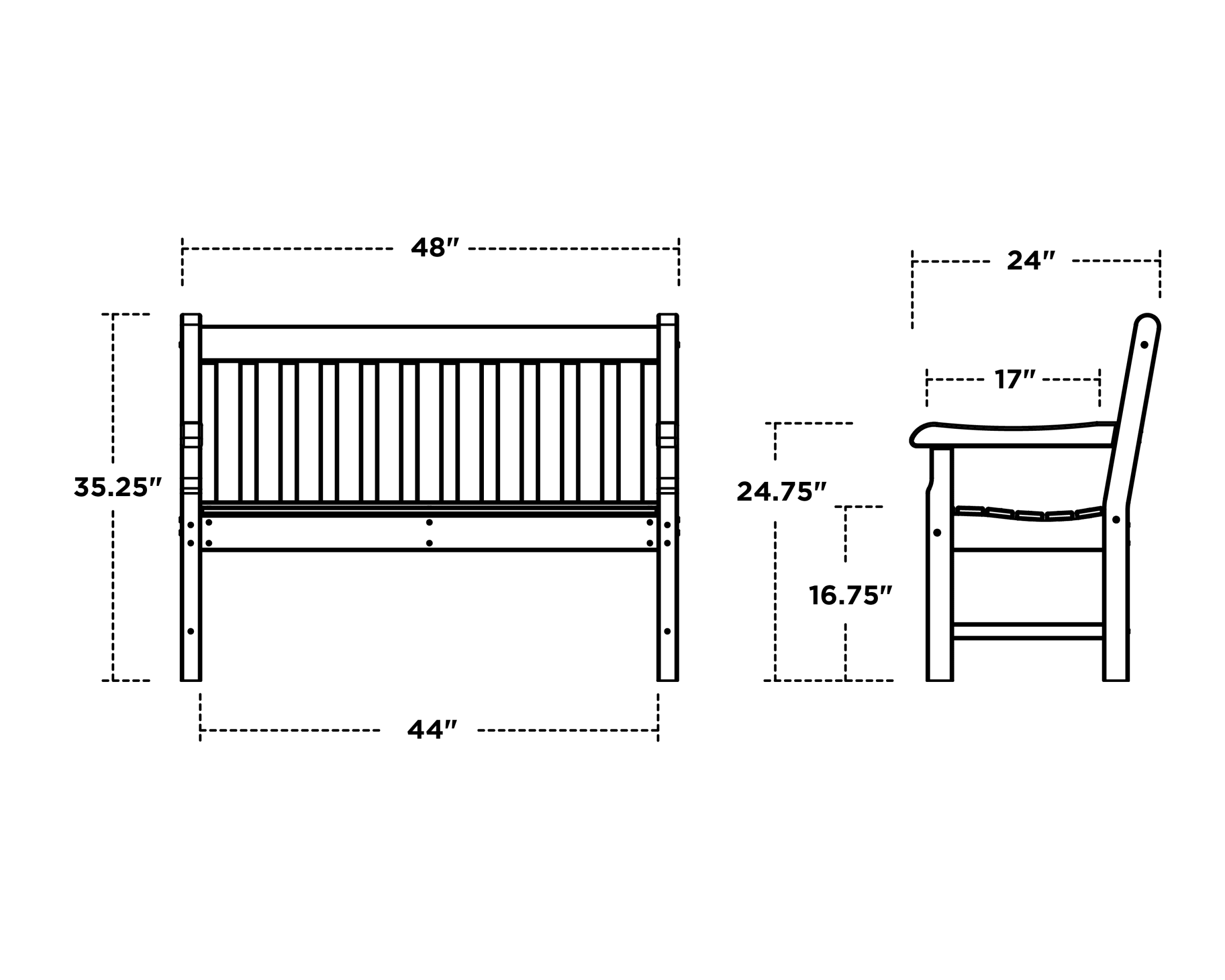 Dimensions for Rockford 48" Bench