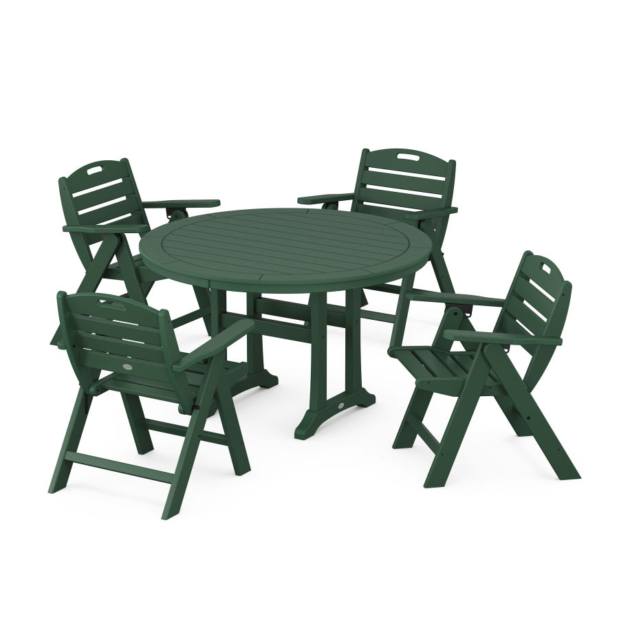 POLYWOOD Nautical Folding Lowback Chair 5-Piece Round Dining Set With Trestle Legs in Green
