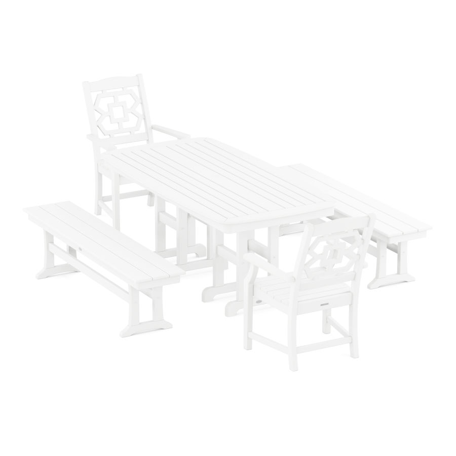 POLYWOOD Chinoiserie 5-Piece Dining Set with Benches in White