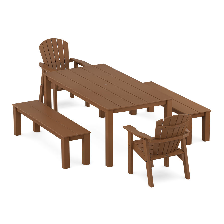POLYWOOD Seashell 5-Piece Parsons Dining Set with Benches in Teak