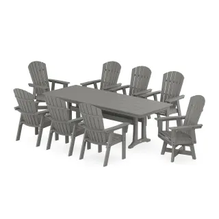 POLYWOOD Nautical Curveback Adirondack Swivel 9-Piece Farmhouse Dining Set with Trestle Legs