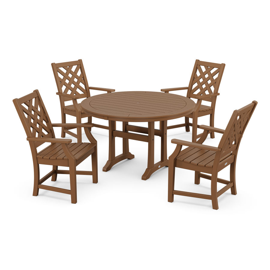 POLYWOOD Wovendale 5-Piece Round Dining Set with Trestle Legs in Teak