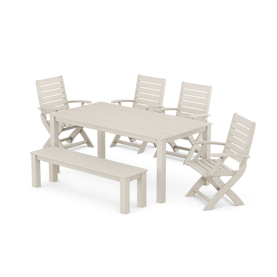 POLYWOOD Signature Folding Chair 6-Piece Parsons Dining Set with Bench in Sand