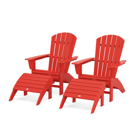Nautical Curveback Adirondack Chair 4-Piece Set with Ottomans in Sunset Red