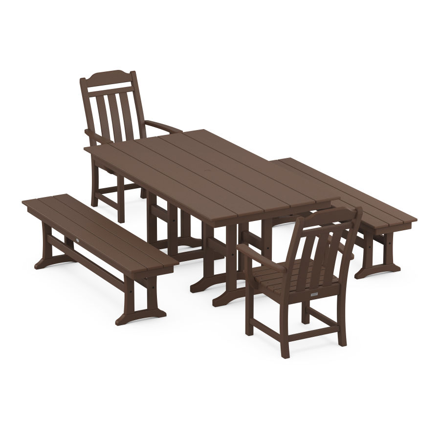 POLYWOOD Country Living 5-Piece Farmhouse Dining Set with Benches in Mahogany