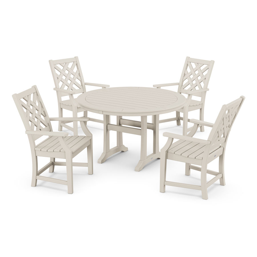 POLYWOOD Wovendale 5-Piece Round Dining Set with Trestle Legs in Sand