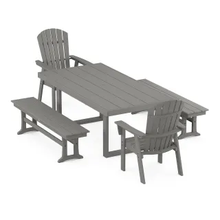 POLYWOOD Nautical Curveback Adirondack 5-Piece Dining Set with Benches