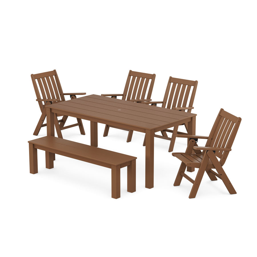 POLYWOOD Vineyard Folding Chair 6-Piece Parsons Dining Set with Bench in Teak