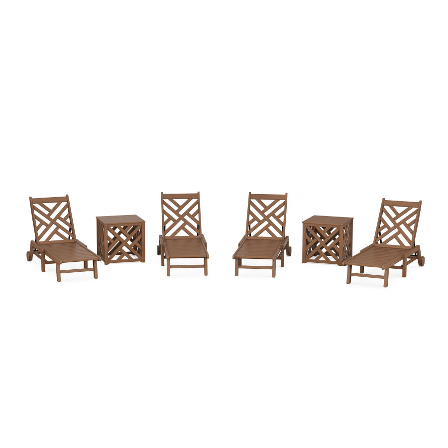 POLYWOOD Chippendale 6-Piece Chaise Set with Wheels and Umbrella Stand Accent Table in Teak