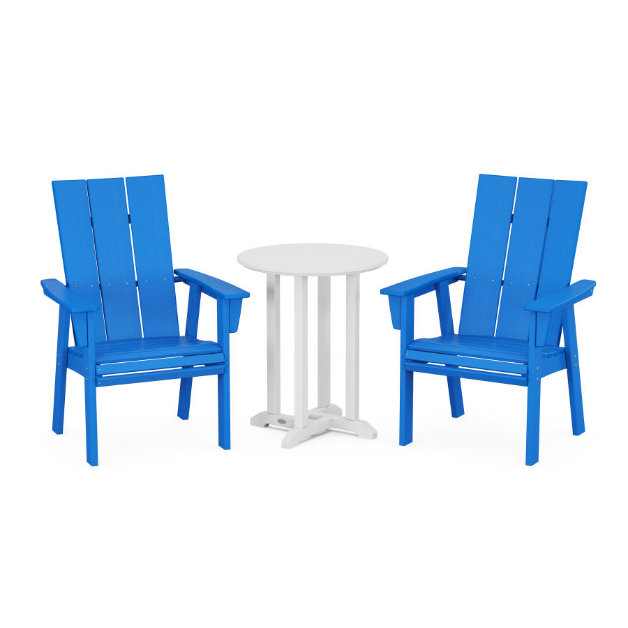 POLYWOOD Modern Curveback Adirondack 3-Piece Round Dining Set in Pacific Blue / White
