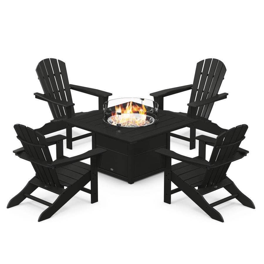 POLYWOOD Palm Coast 5-Piece Adirondack Chair Conversation Set with Fire Pit Table in Black
