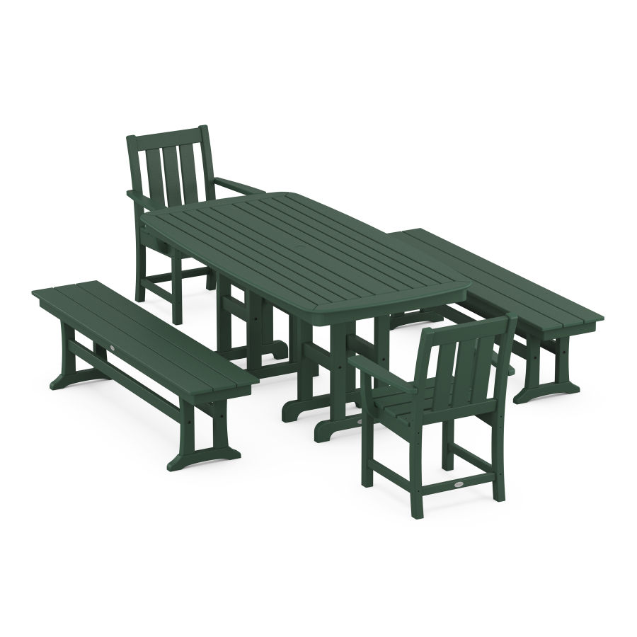 POLYWOOD Oxford 5-Piece Dining Set with Benches in Green