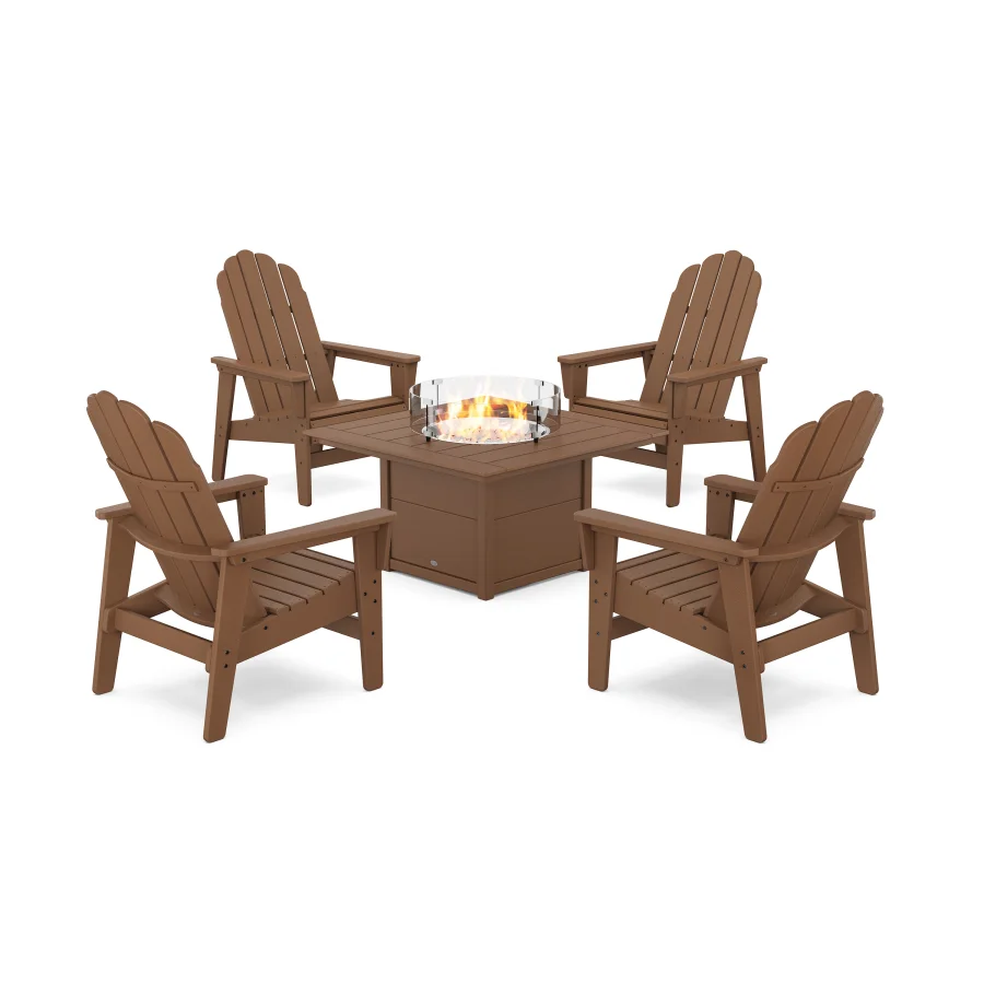 POLYWOOD 5-Piece Vineyard Grand Upright Adirondack Conversation Set with Fire Pit Table in Teak