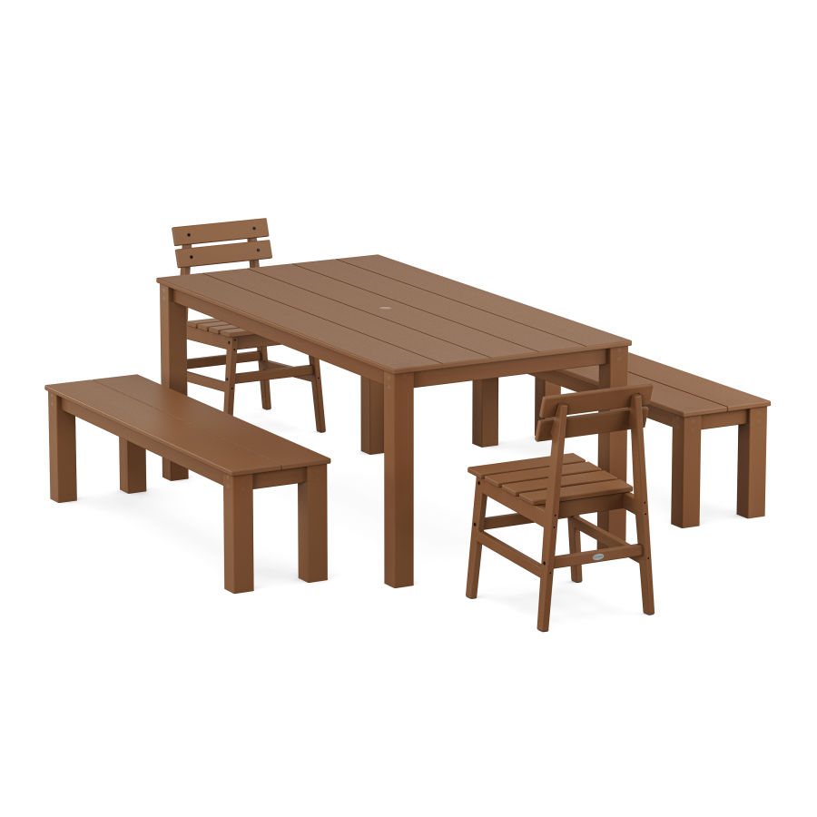 POLYWOOD Modern Studio Plaza Chair 5-Piece Parsons Dining Set with Benches in Teak
