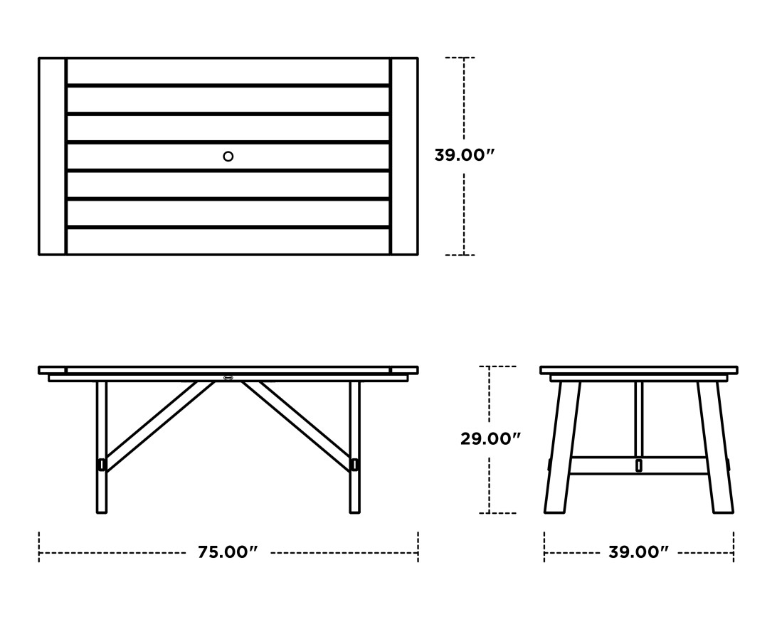 Dimensions for Rustic Farmhouse 39" x 75" Dining Table