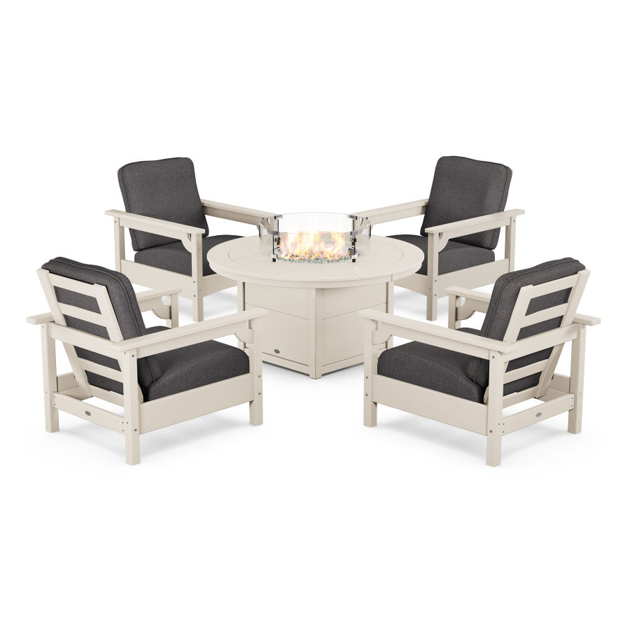 POLYWOOD Club 5-Piece Conversation Set with Fire Pit Table in Sand / Antler Charcoal