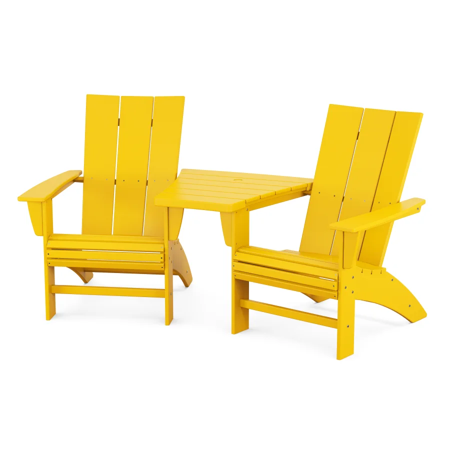 POLYWOOD Modern 3-Piece Curveback Adirondack Set with Angled Connecting Table in Lemon