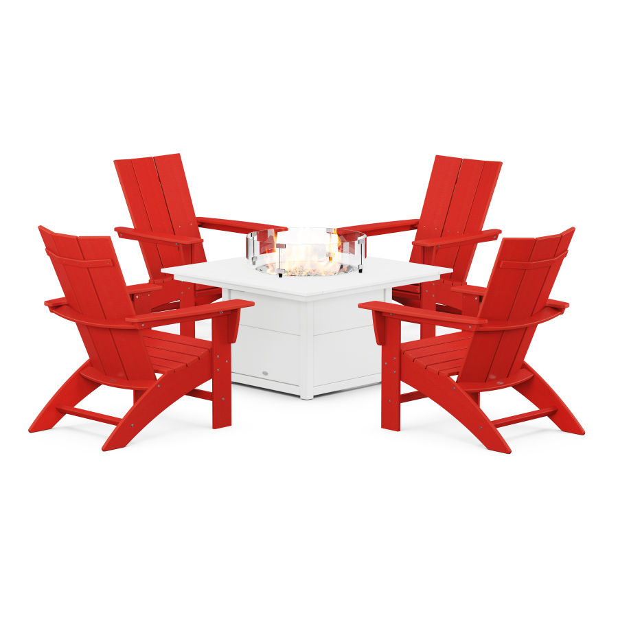 POLYWOOD Modern Curveback Adirondack 5-Piece Conversation Set with Fire Pit Table in Sunset Red