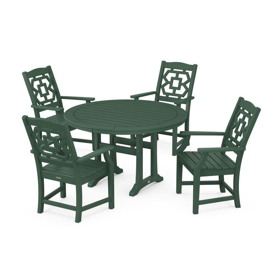 POLYWOOD Chinoiserie 5-Piece Round Dining Set with Trestle Legs in Green
