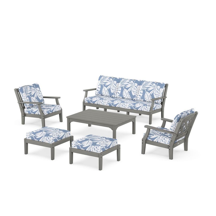 POLYWOOD Chinoiserie 6-Piece Lounge Sofa Set in Slate Grey / Leaf Sky Blue
