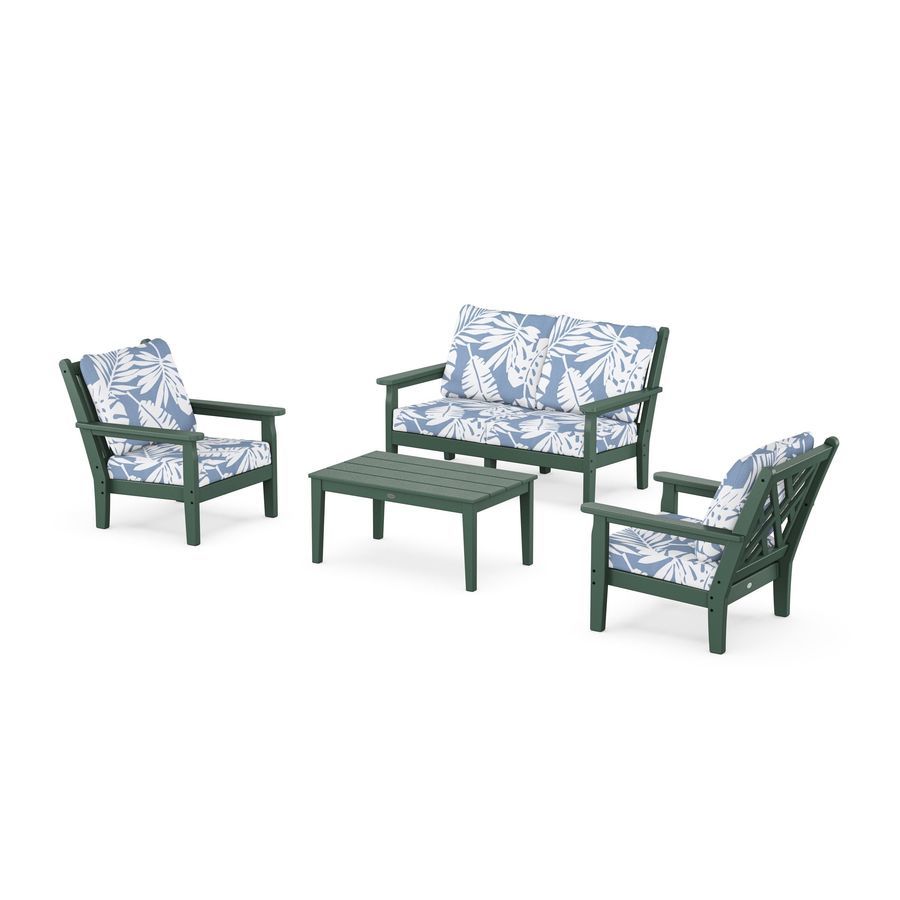 POLYWOOD Chippendale 4-Piece Deep Seating Set with Loveseat in Green / Leaf Sky Blue