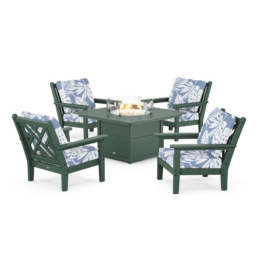 POLYWOOD Chippendale 5-Piece Deep Seating Set with Fire Pit Table in Green / Leaf Sky Blue