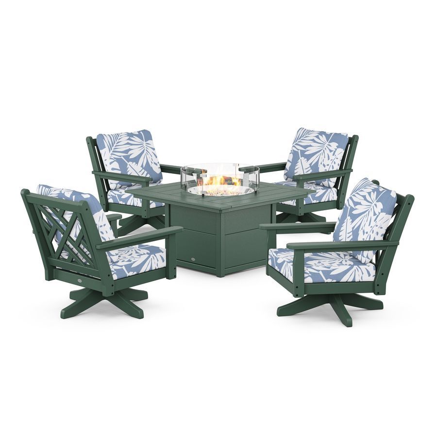 POLYWOOD Chippendale 5-Piece Deep Seating Swivel Conversation Set with Fire Pit Table in Green / Leaf Sky Blue