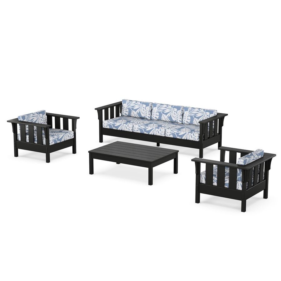POLYWOOD Acadia 4-Piece Deep Seating Set with Sofa in Black / Leaf Sky Blue